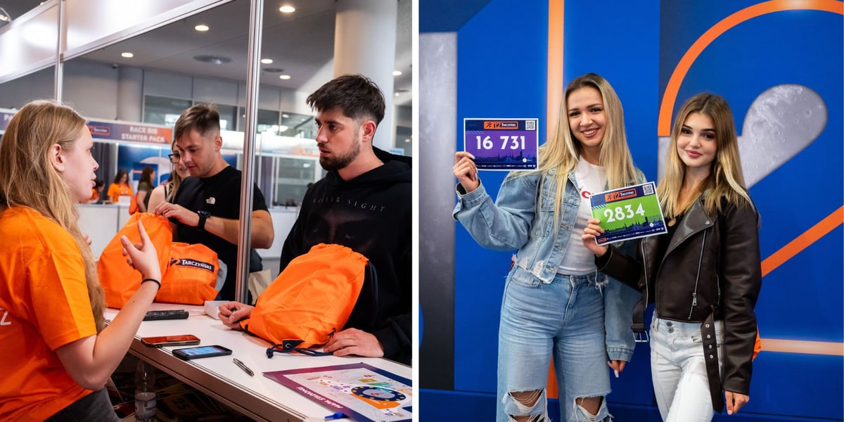 Zdjęcie podzielone na pół: z lewej uczestnicy półmaratonu odbierający pakiety startowe; z prawej - dwie młode kobiety z numerami startowymi pozują na tle ścianki zdjęciowej -miasteczko 12. Tarczyński Nocny Wrocław Półmaratonu.