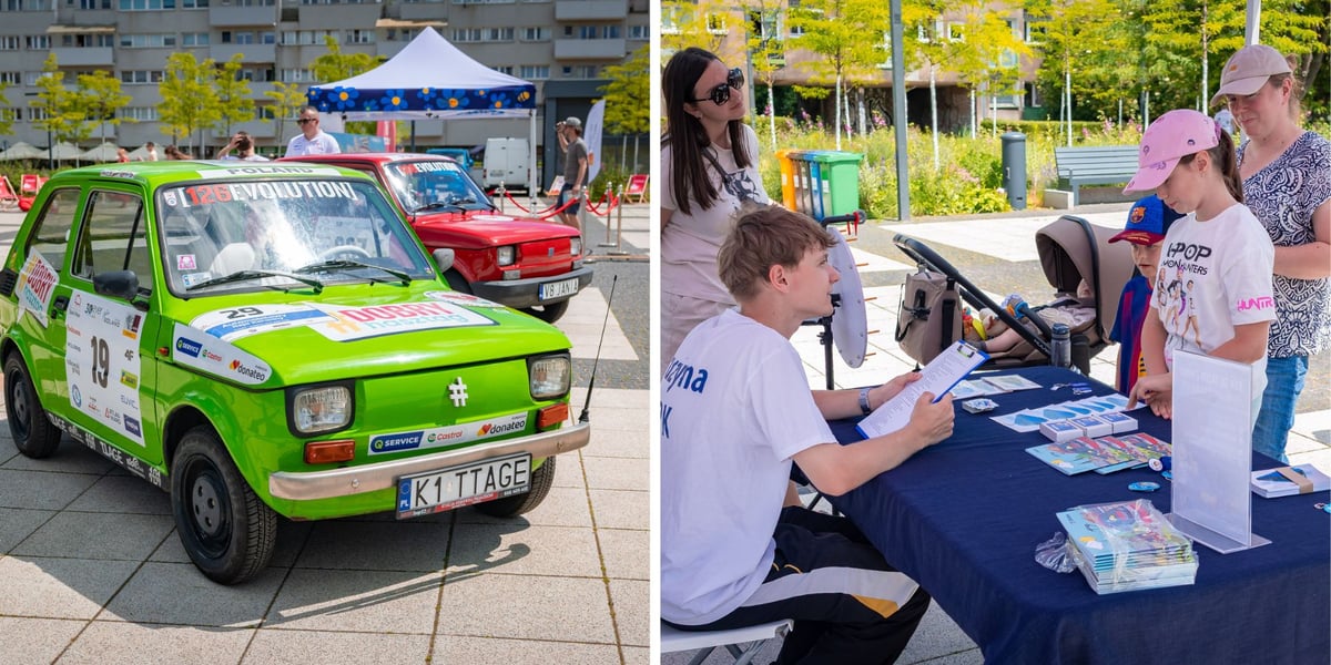 Zdjęcie podzielone na pół: z lewej dwa samochody Fiat 126 p  na Placu Nowy Targ; z prawej dzieci i rodzice przy jednym ze stoisk na pikniku "Bezpieczny Maluch" 7 czerwca 2026 r. 