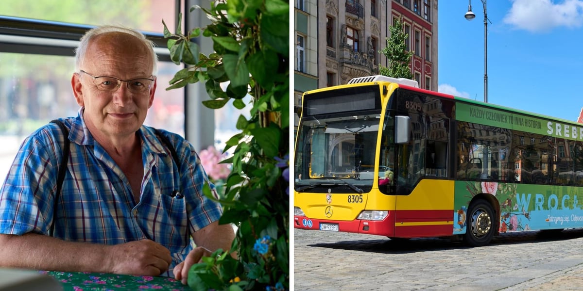 Kolaż 2 zdjęć, z lewej Andrzej Gaszewski, senior, w udekorowanym kwiatami Silverbusie,  z prawej Silverbus zaparkowany na wrocławskim Rynku