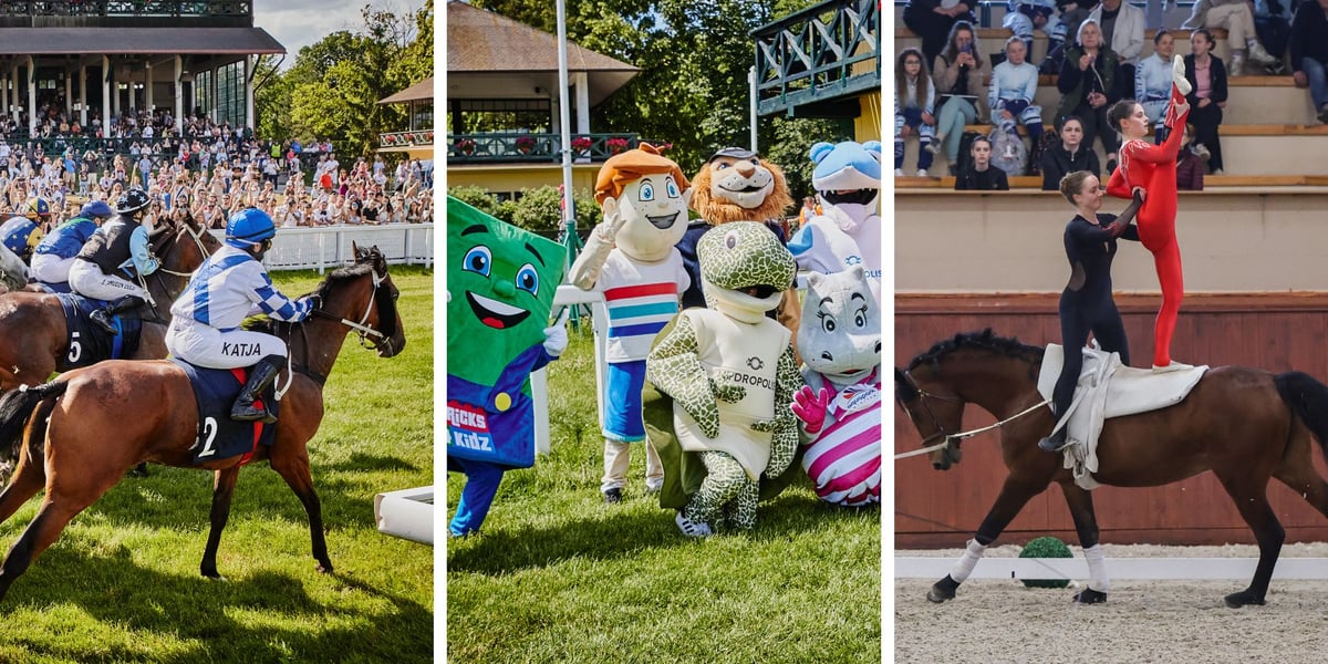 Zdjęcie ilustracyjne podzielone na trzy części: z lewej - konie podczas wyścigu na torze; w środku maskotki podczas poprzedniego Family Day na Partynicach; z prawej - dwie kobiety wykonujące ewolucje na grzbiecie jadącego konia - pokaz woltyżerki.