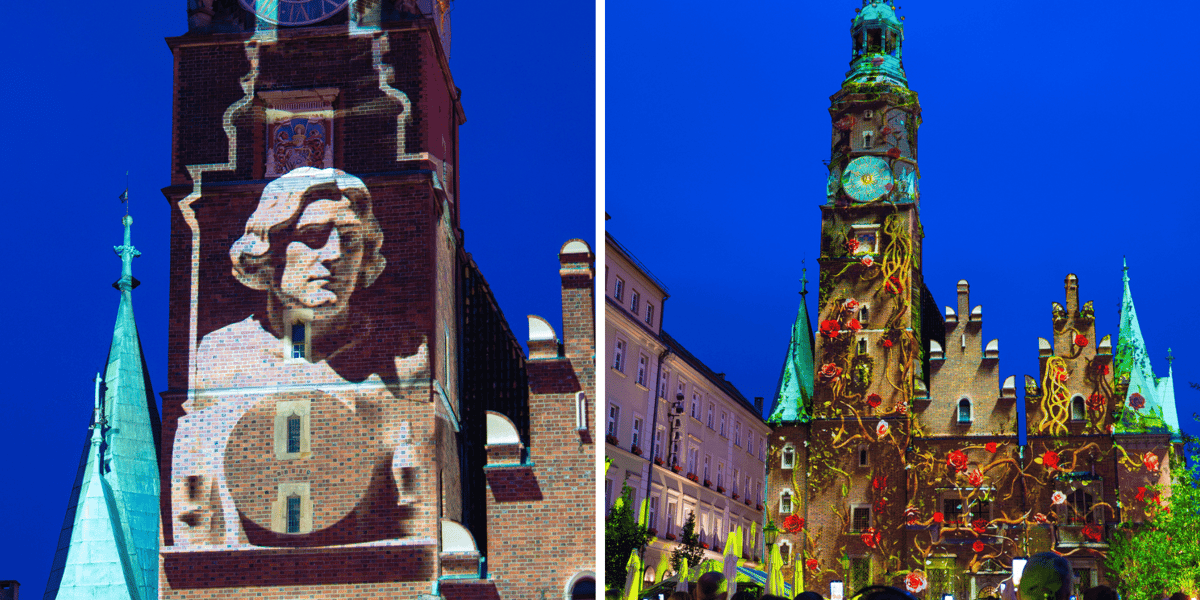 Zestawienie 2 zdjęć. Pokaz video mappingu na ścianach Ratusza we wrocławskim Rynku