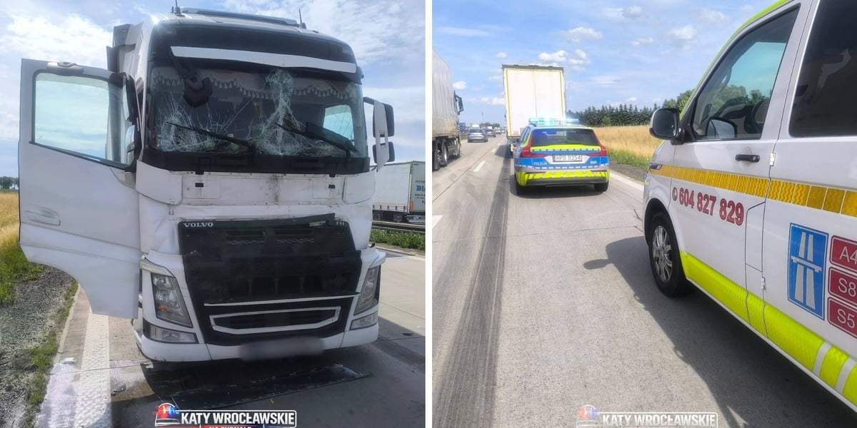 Z lewej jedna z rozbitych ciężarówek, z prawej służby pracujące na miejscu kolizji na A4 - 16.06.2026 r.