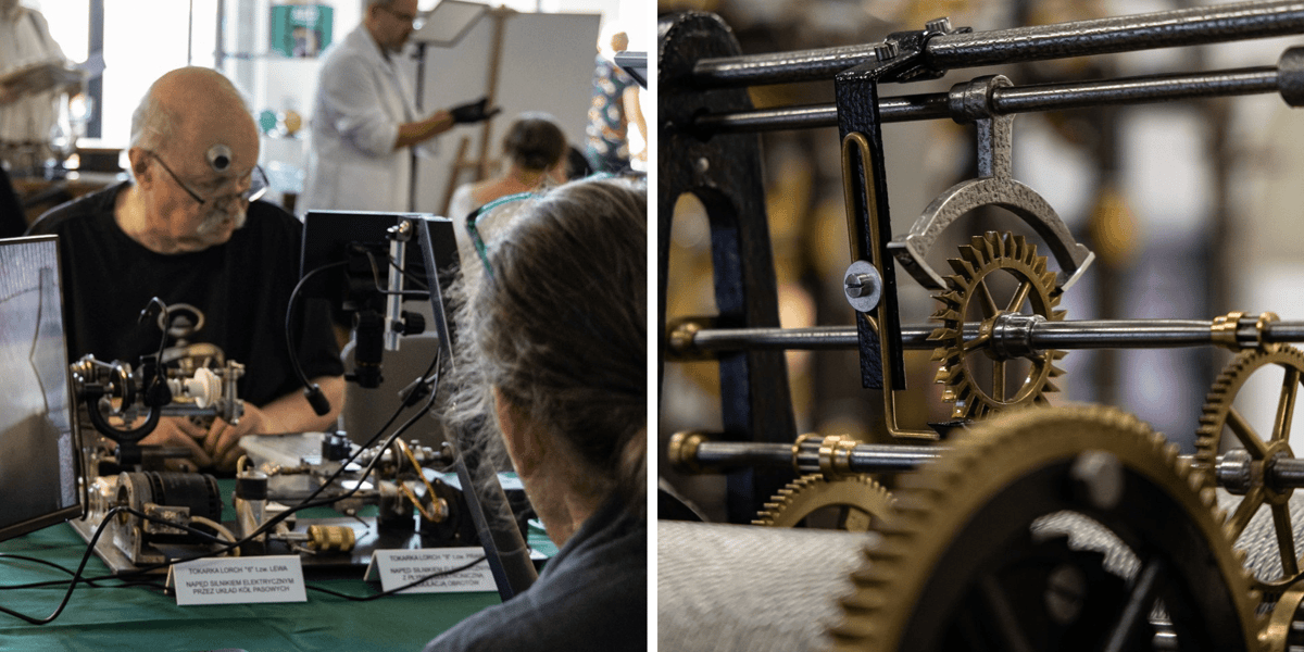 Kolaż 2 zdjęć z festiwalu „Passion for Watches Antoni N. Patek”, który w dniach 19-20 czerwca odbywa się w Centrum Historii Zajezdnia w3 Wrocławiu. Na pierwszym zdjęciu zegarmistrz przy pracy, na drugim fragment zabytkowego mechanizmu