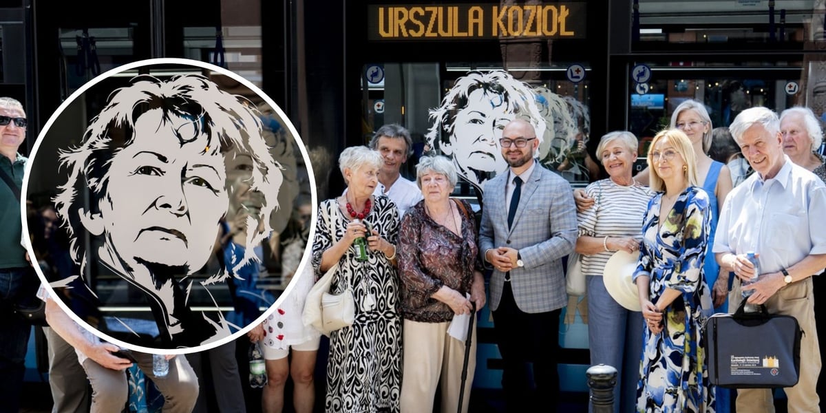 dwa zdjęcia: na zdjęciu dużym uczestnicy uroczystości odsłonięcia portretu Urszuli Kozioł i inauguracji tramwaju nazwanego imieniem poetki, na małym portret Urszuli Kozioł na szybie tramwaju