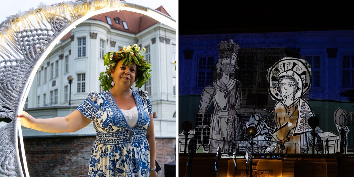 Noc Świętojańska w Leśnicy 2026. Z lewej kobieta z wiankiem na głowie pozuje do zdjęcia na tle zamku w Leśnicy, z prawej wieczorny mapping na zamku