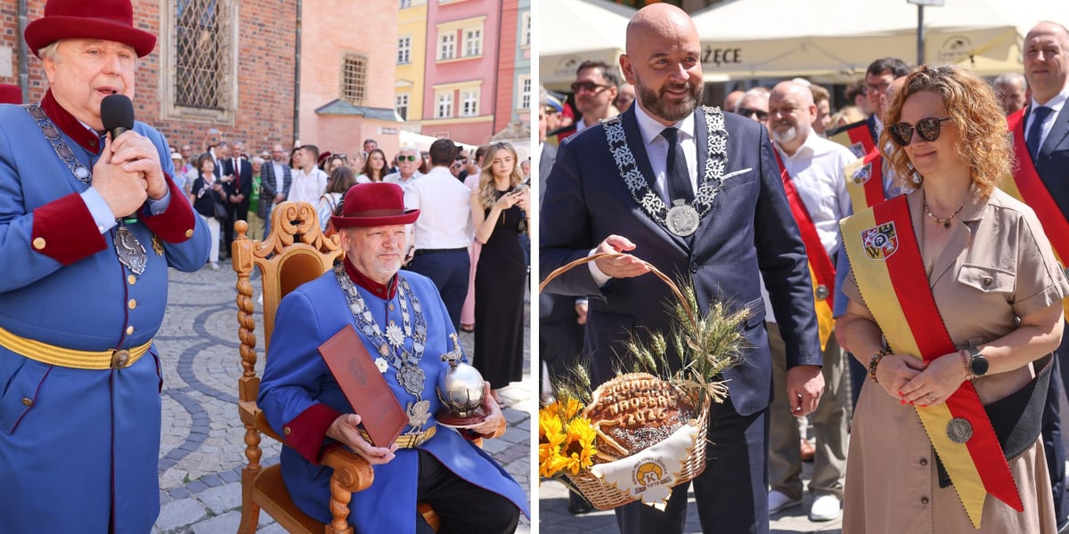dwa zdjęcia, od lewej: intronizacja Króla Kurkowego; obok prezydent Wrocławia Jacek Sutryk i przewodnicząca RM Agnieszka Rybczak odbierają kosz z chlebem od wrocławskich kupców.