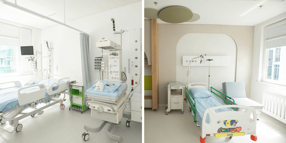 Zestawienie 2 zdjęć. Pomieszczenia nowej kliniki kardiologii i kardiochirurgii dziecięcej we Wrocławiu. Na zdjęciu sala szpitala z łóżkiem i sprzętem medycznym
