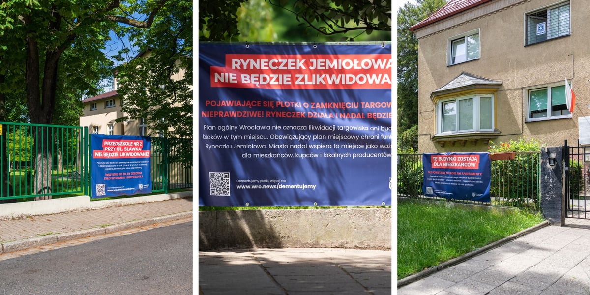 Baner na płocie przedszkola na ul. Sławka, baner przy Ryneczku Jemiołowa, baner na płocie przedszkola przy ul. Łączności 