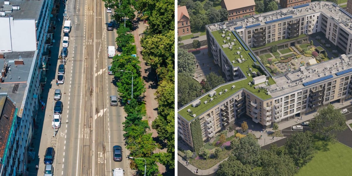 Na zdjęciu z lewej ul. Trzebnicka, na której 27 czerwca rozpocznie się remont, z prawej wizualizacja inwestycji TBS Wrocław na Brochowie