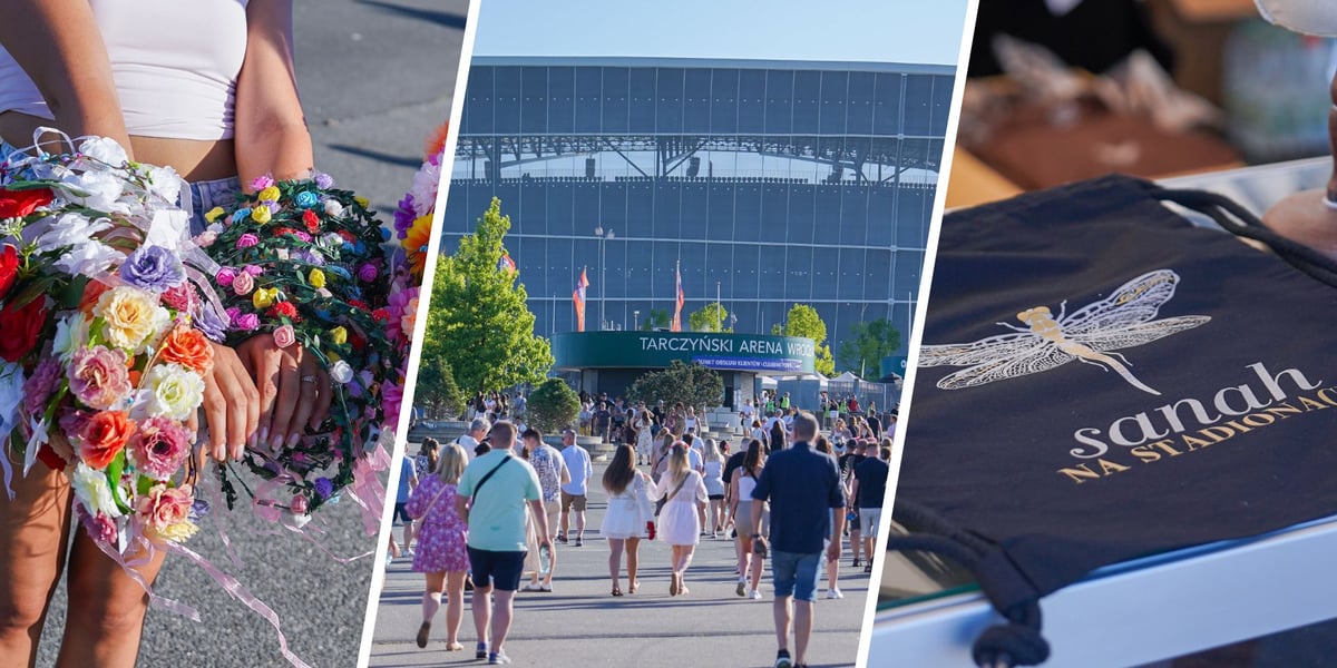 trzy zdjęcia, od lewej: fanki prezentują kwietne ozdoby na rękach; tłum ludzi wchodzi na teren stadionu Tarczyński Arena; w oficjalnym sklepiku leży torba z logotypem trasy "sanah na stadionach".