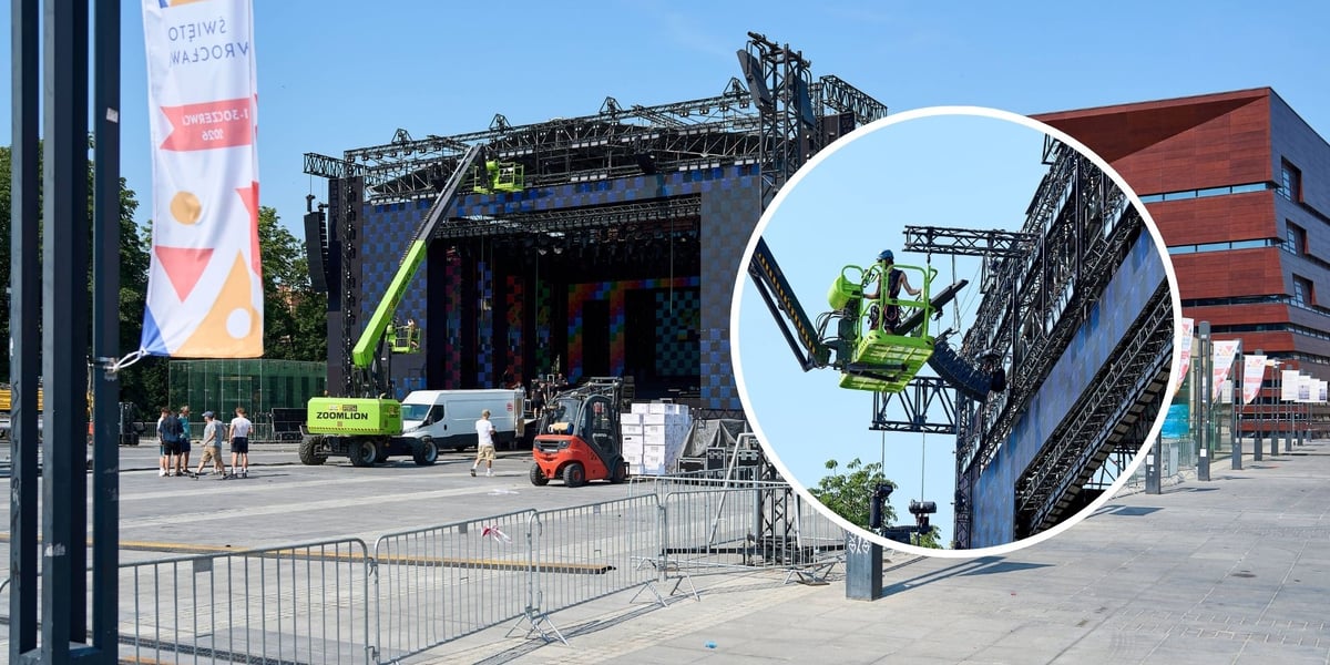 w tle: budowa sceny koncertowej na Placu Wolności we Wrocławiu; w kółku: osoba w podnośniku koszowym montuje element sceny