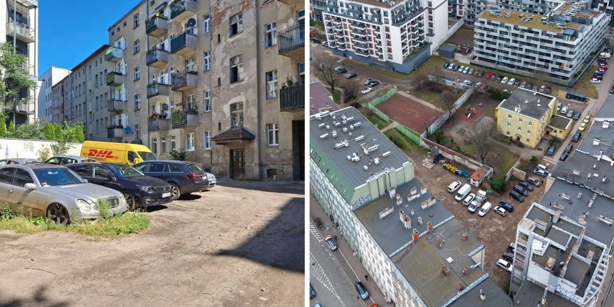 dwa zdjęcia: samochody zaparkowane na podwórku, które jest przygotowywane do remontu; to samo podwórko - widok z lotu ptaka
