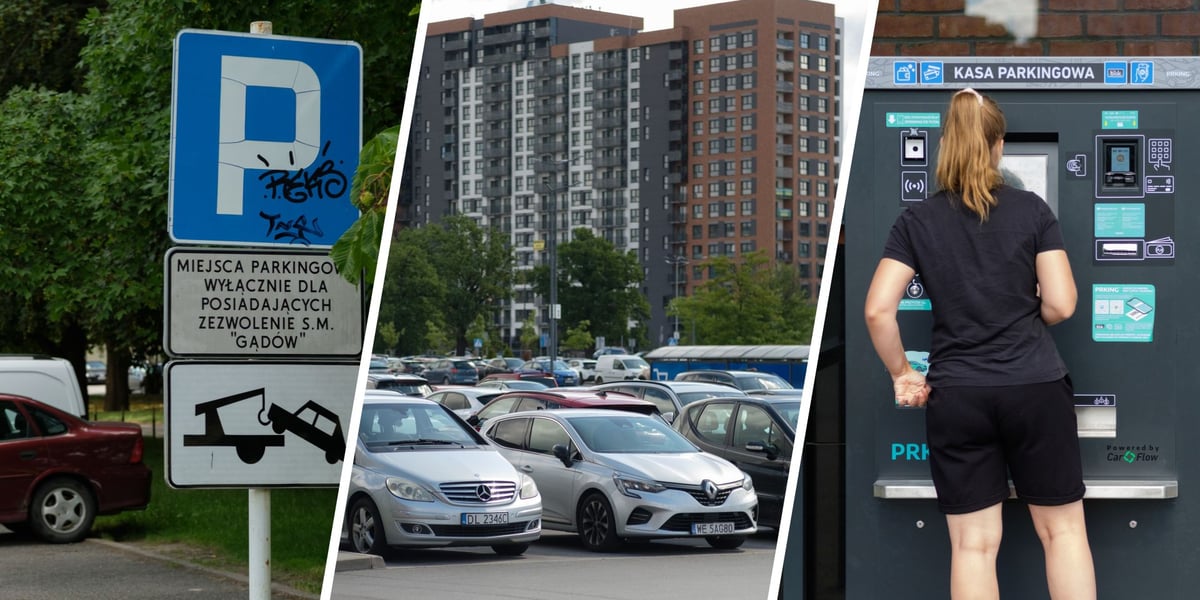trzy zdjęcia: parking tylko dla mieszkańców pod jednym z bloków; samochody parkujące przy centrum handlowym; kobieta opłaca parking w automacie.