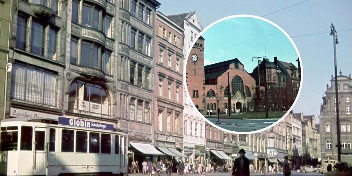 Rynek we Wrocławiu, ludzie na ulicy, przed 1945 r. Hala targowa przed 1945 r. 