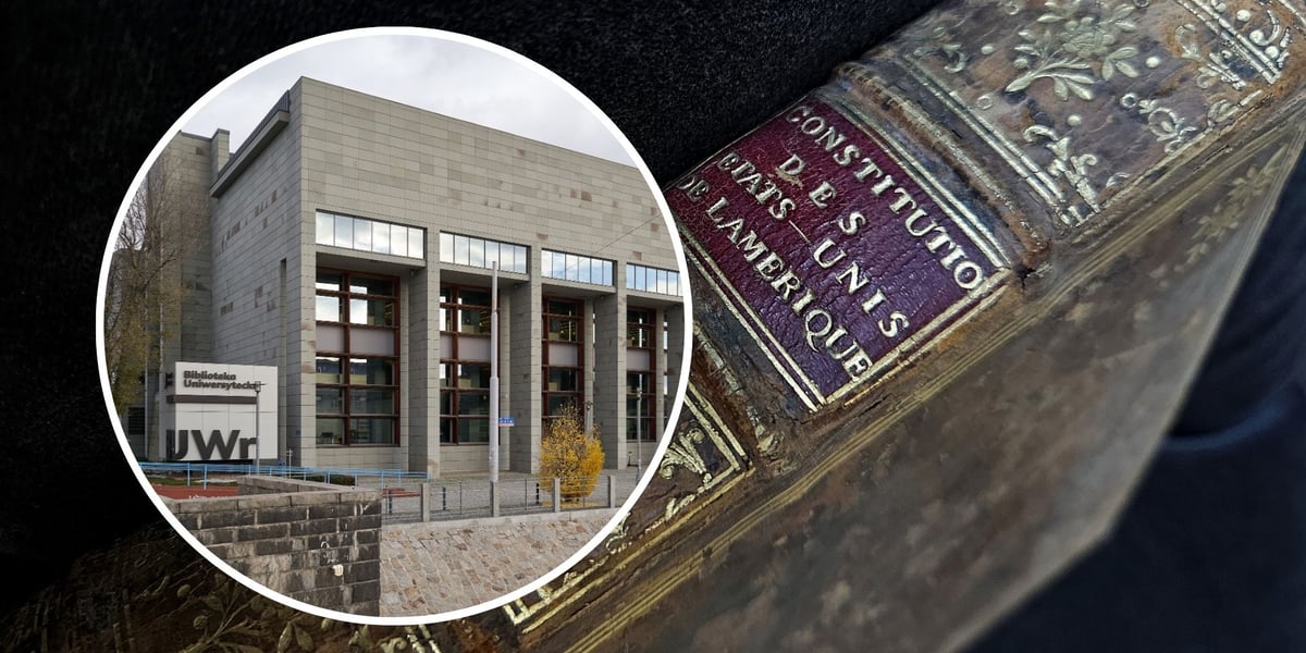 Grzbiet skórzanej oprawy Deklaracji Niepodległości wydanej w Paryżu w 1783 roku i budynek Biblioteki Uniwersyteckiej we Wrocławiu
