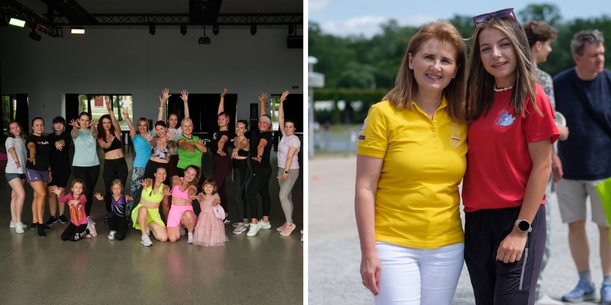 Z lewej grupa tańcząca zumbę, z prawej Renata Mauer-Różańska i młoda kobieta przed Halą Stulecia na sportowej sobocie