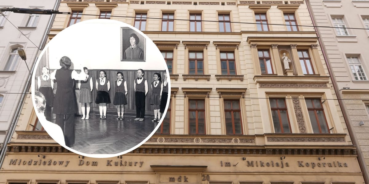 Na głównym zdjęciu zabytkowa kamienica przy ul. Kołłątaja 20 po remoncie z 2024 r., w której mieści się Młodzieżowy Dom Kultury im. Mikołaja Kopernika, w kółeczku archiwalne zdjęcie z zajęć w MDK