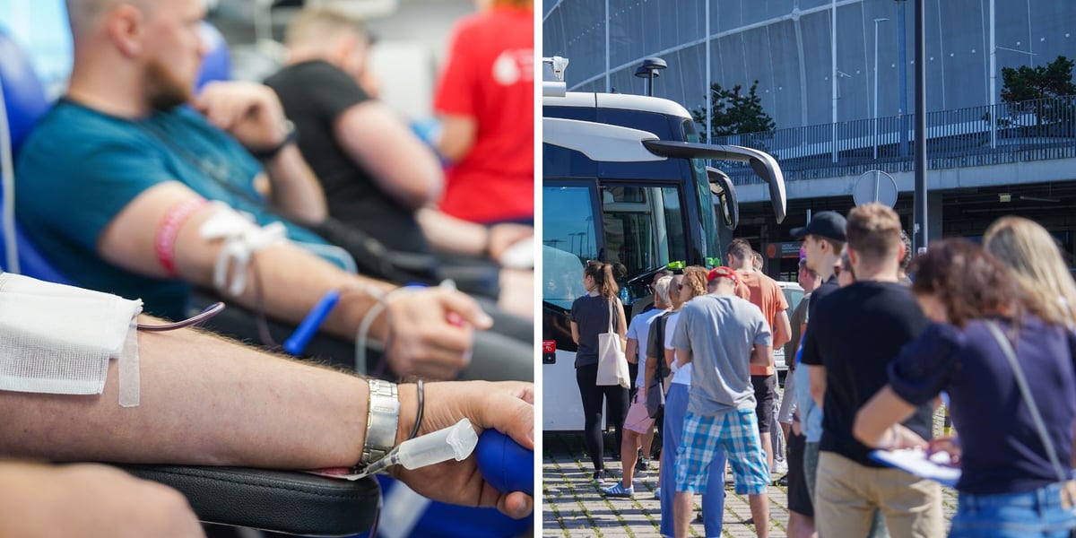 dwa zdjęcia: mężczyźni honorowo oddają krew w mobilnym punkcie; kolejka do Krwiobusa przed stadionem Tarczyński Arena