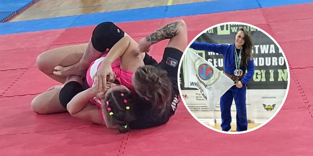w tle: zawodniczki toczą walkę na macie; w kółku: mł. asp. Martyna Ciaskowska na podium Mistrzostw Polski Służb Mundurowych