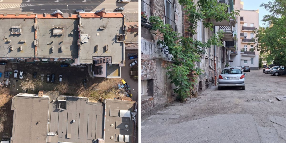 Zdjęcie dzielone na pół: po lewej widok z drona na podwórko między ulicami Nowowiejską, Barlickiego, Orzeszkowej i Wyszyńskiego; z prawej to samo podwórko - widok z poziomu ziemi.