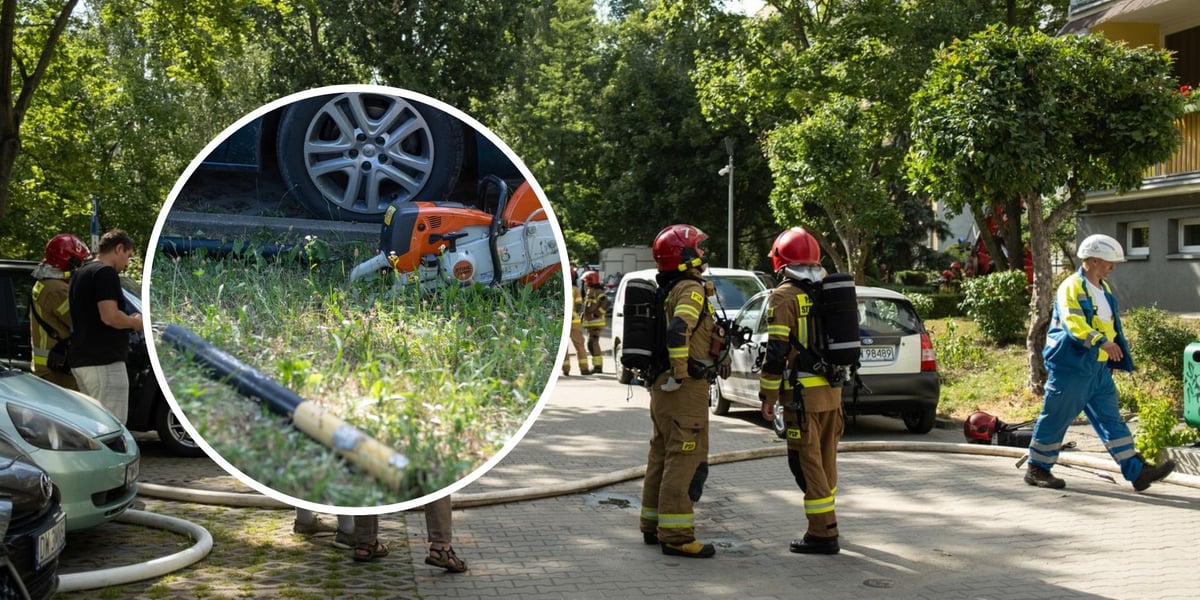 w tle: akcja straży pożarnej na parkingu; w kółku: usunięty słupek na chodniku, którym strażacy musieli dojechać do miejsca akcji