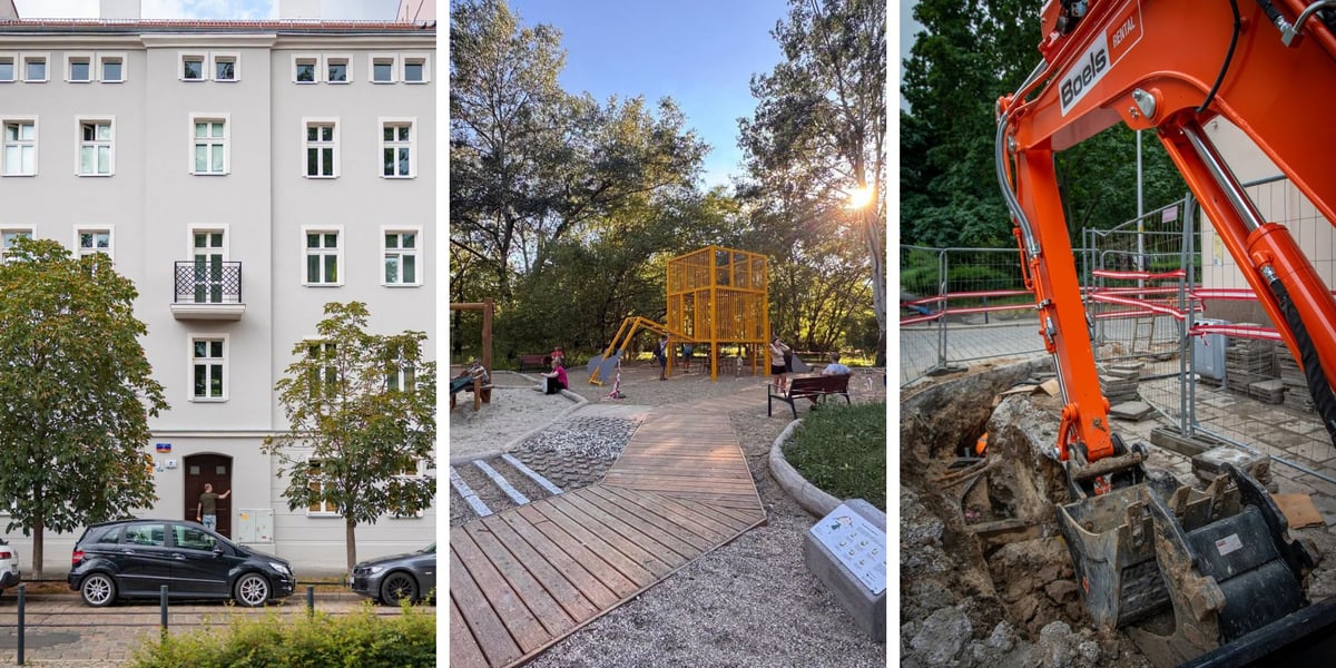 Zdjęcie podzielone na trzy części: z lewej - fasada odnowionej kamienicy przy ul. Żeromskiego 74; w środku - widok na nowy park przy ul. Idzikowskiego; z prawej - ramię koparki w wykopie ogrodzonym stalową siatką.