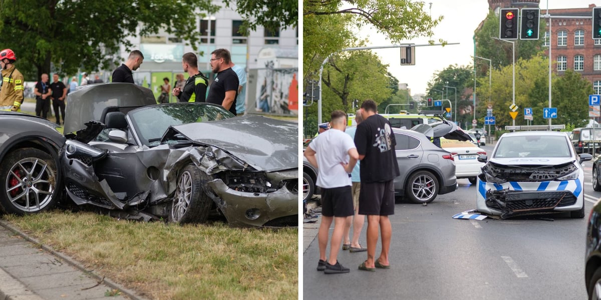 dwa zdjęcia: rozbite samochody - uczestnicy kolizji przy ul. Swobodnej