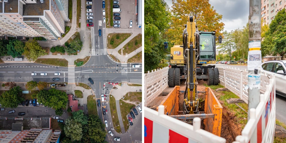 Ulica Szybowcowa z ustawionymi znakami, które zmieniają organizację ruchu w związku z remontem, 18.07.2026