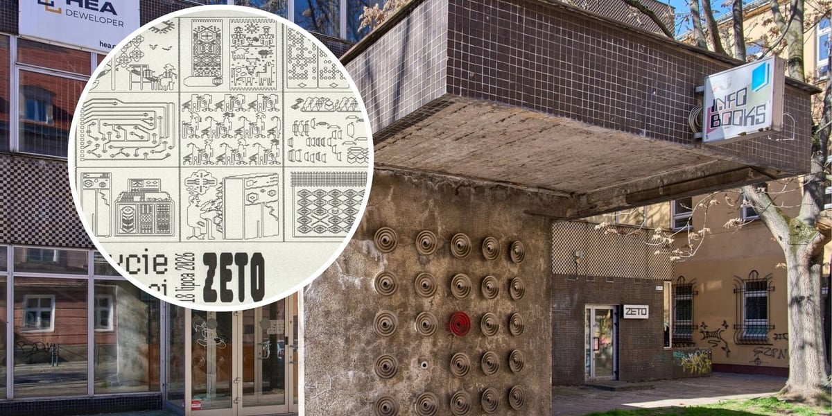Fragment grafiki festiwalu KLIN (w kółku) na tle wejścia do budynku ZETO