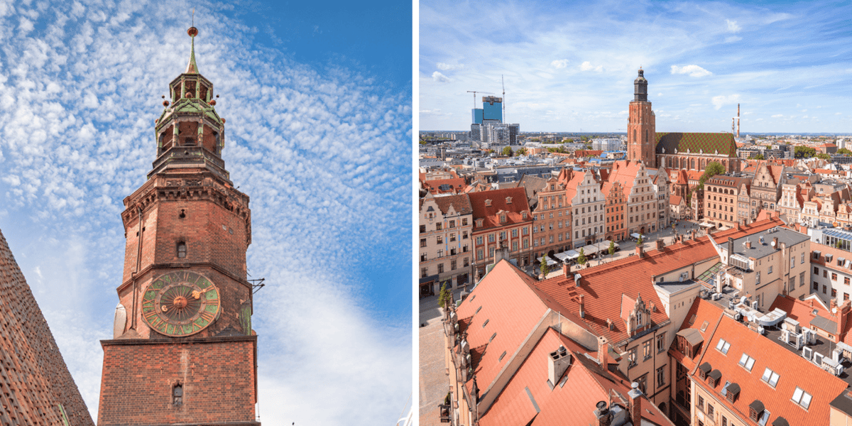 Kolaż 2 zdjęć. Z lewej wieża wrocławskiego ratusza, z prawej widok z tarasu widokowego wieży wrocławskiego ratusza