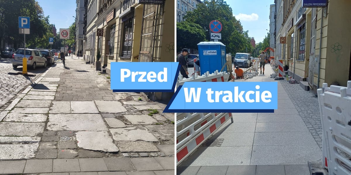 Zdjęcie podzielone na pół: z lewej strony - widok na fragment chodnika przy ul. Ołbińskiej przed rozpoczęciem remonty z nałożonym napisem "Przed"; z prawej - widok na ten sam fragment podczas układania nowych płyt chodnikowych z nałożonym napisem "W trakcie".
