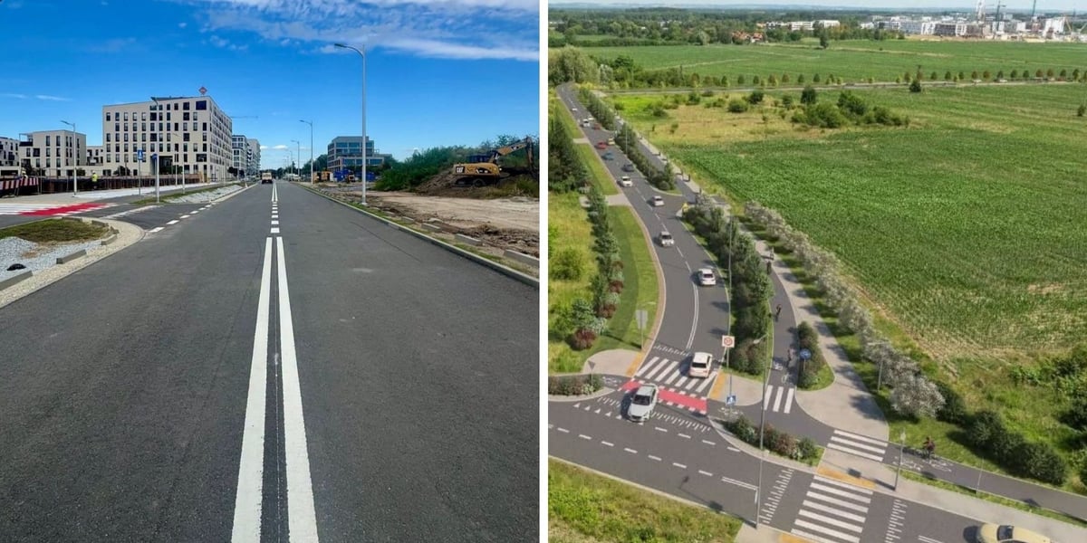 Na lewym zdjęciu widać niemal ukończoną Aleje Architektów (fot. WI), a po prawej stronie wizualizacja nowej drogi dojazdowej od ulicy Żernickiej do Centrum Sportu (autor: Grzegorz Kilian)