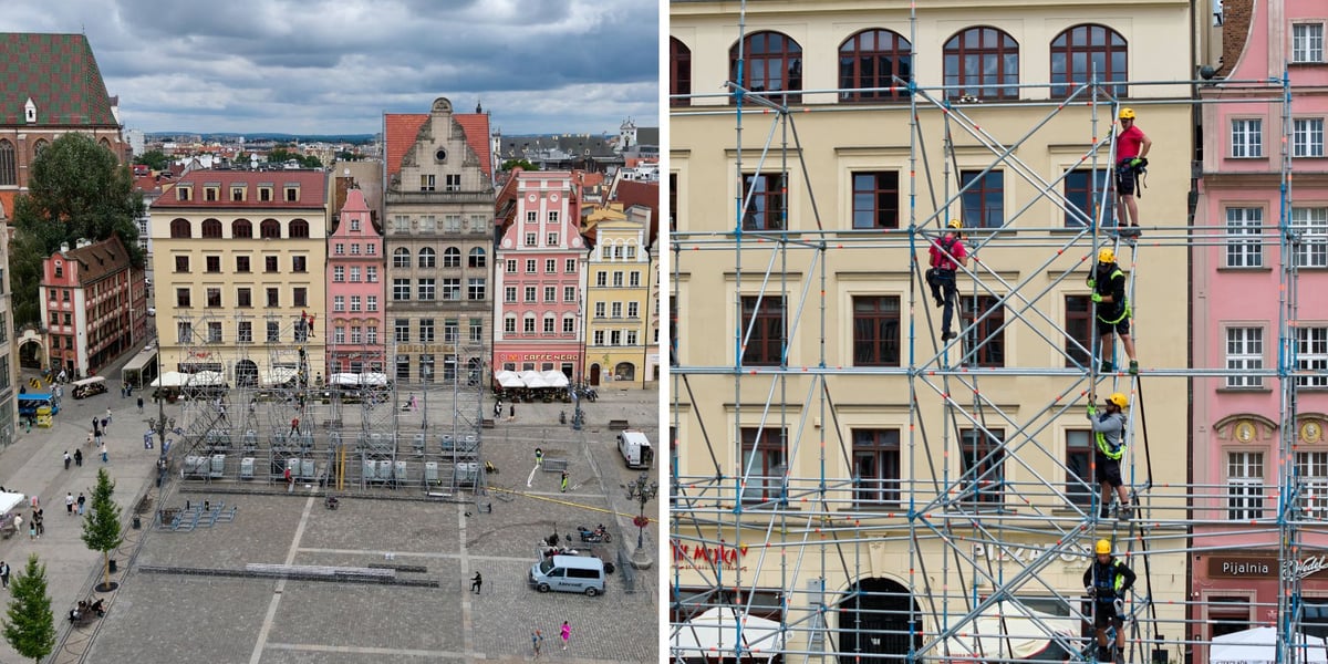 dwa zdjęcia: budowa sceny na Rynku we Wrocławiu (po lewej: szerszy krajobraz; po prawej: zbliżenie na pracowników budujących rusztowanie)