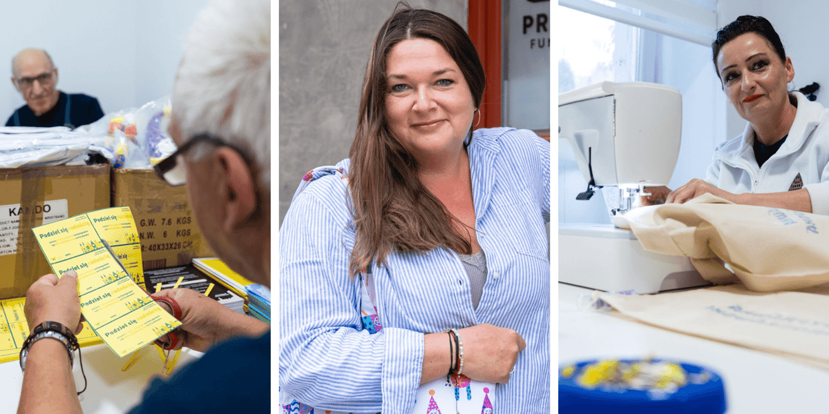 Kolaż 3 zdjęć: w środku Joanna Cegielska-Kędzia, prezes zarządu Fundacji PRESTO, z lewej i prawej pracownicy Fundacji