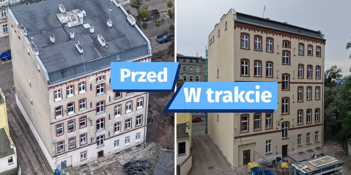 Zdjęcie podzielone na pół: z lewej  widok z drona na ścianę kamienicy przy ul. Wysokiej 4 od strony podwórza przed remontem z nałożonym napisem "Przed"; z prawej - elewacja tej samej kamienicy od podwórza po wyremontowaniu z nałożonym napisem "W trakcie".