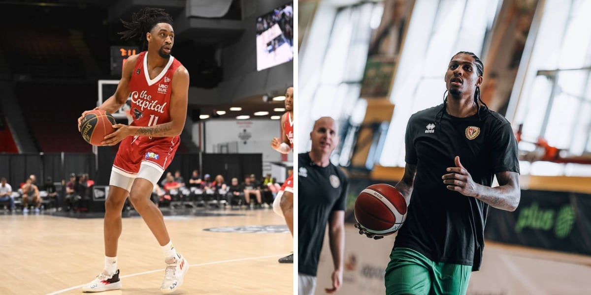 Isaih Moore w meczowym stroju Ottawy BlackJacks i Devin Robinson w treningowym stroju Śląska Wrocław