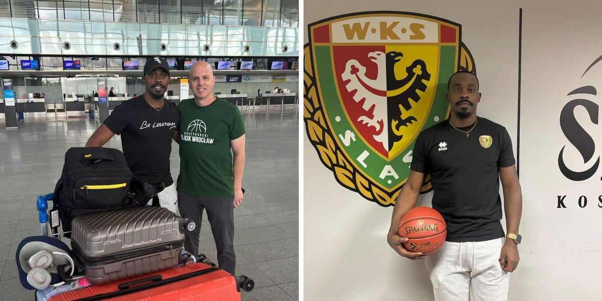 Anthony Hickey i Danny Franco na lotnisku we Wrocławiu, Anthony Hickey przy ścianie z herbem WKS-u