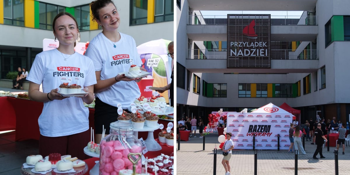 Akcja przed Przylądkiem Nadziei, dwa zdjęcia: dwie wolontariuszki Cancer FIGHTERS ze słodyczami dla krwiodawców; namiot z hasłem "Razem Wygramy" przed budynkiem kliniki Przylądek Nadziei we Wrocławiu.