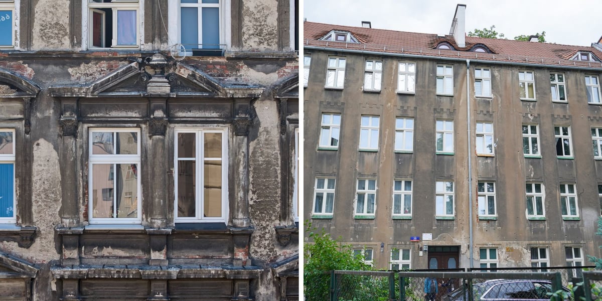 Zdjęcie podzielone na pół: z lewej - widok okien na fasadzie zabytkowej kamienicy przy ul. Kurkowej 34; z prawej - elewacja frontowej budynku przy ul. Ptasiej 38.