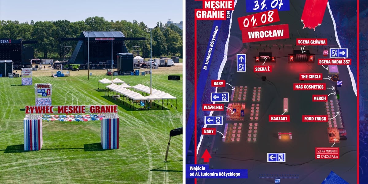 z lewej: zdjęcie z budowy miasteczka Męskiego Grania - na pierwszym planie widoczna brama wejściowa; grafika przedstawiająca mapę miasteczka