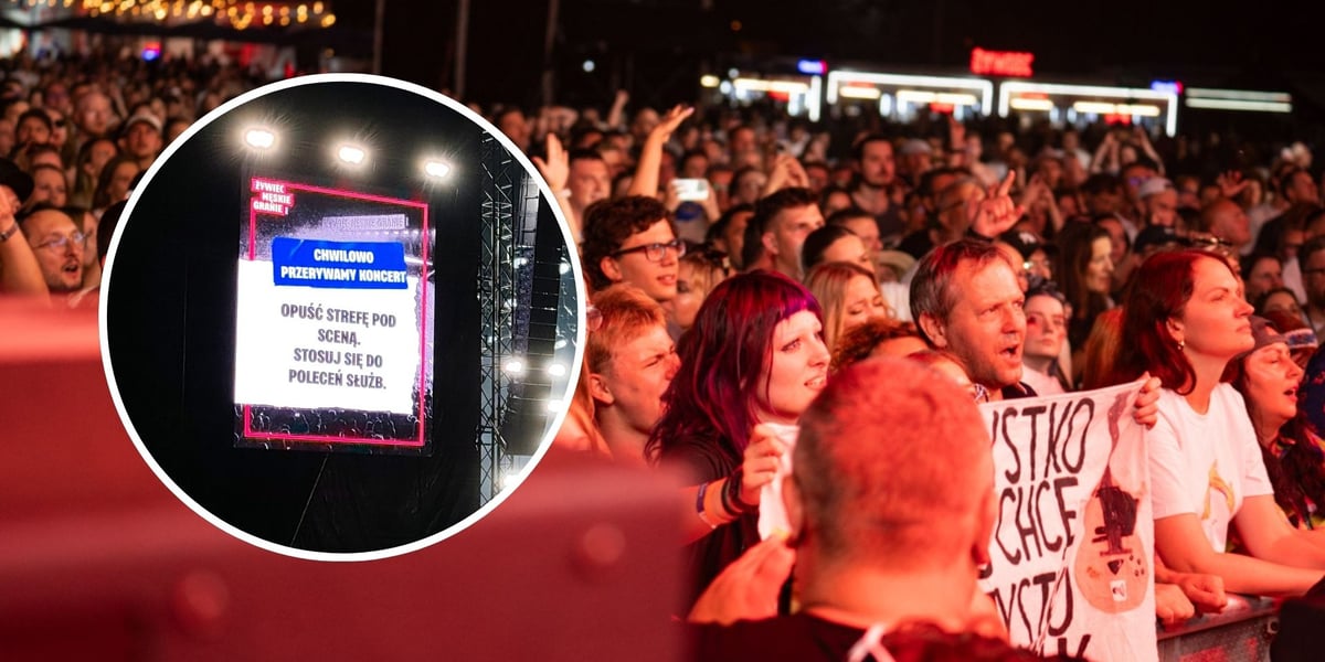 w tle grupa osób biorąca udział w koncercie; w kółeczku informacja o tymczasowej przerwie w koncercie i prośba o opuszczenie strefy pod sceną