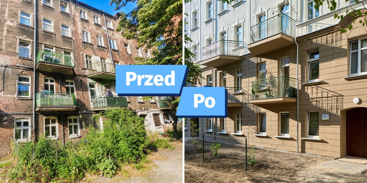 Zdjęcie podzielone na pół: z lewej - fasada kamienicy przy ul. Grunwaldzkiej 8A-10A przed remontem i nałożony napis "Przed"; po prawej - ten sam budynek po zakończeniu remontu i nałożony napis "Po".