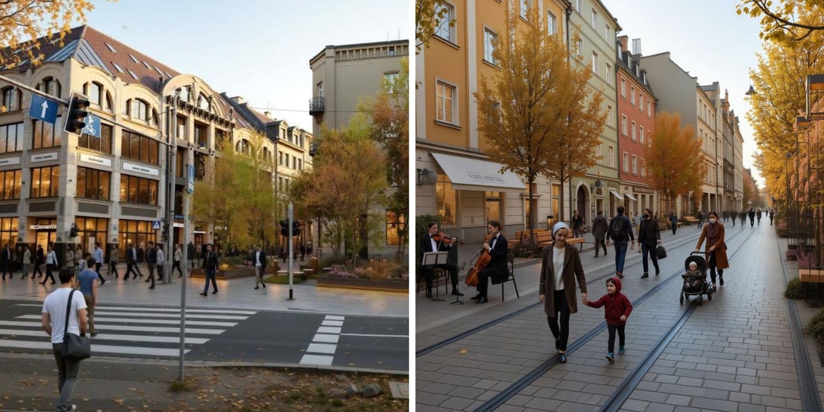 Dwie wizualizacje przedstawiające ul. Ruską po rewitalizacji: widok od ul. Kazimierza Wielkiego oraz od strony Placu Solnego - na obu grafikach widoczni są ludzie spacerujący cała szerokością jezdni, wokół jest dużo zieleni, ustawione są ogródki gastronomiczne