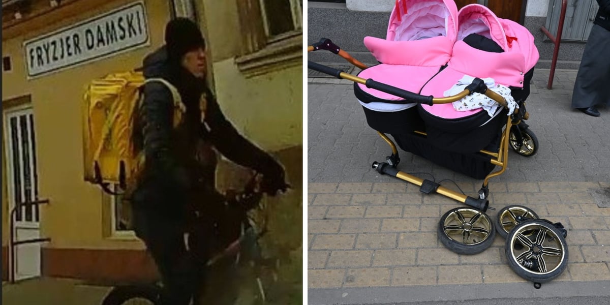 dwa zdjęcia udostępnione przez policję: ubrany w ciemne ubrania i czapkę mężczyzna jadący na rowerze z dużym żółtym plecakiem; uszkodzony wózek dziecięcy