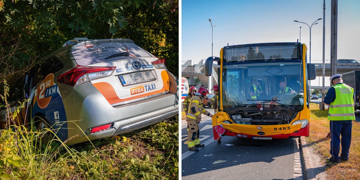 na zdjęciach z lewej uszkodzona taksówka, z prawej uszkodzony autobus
