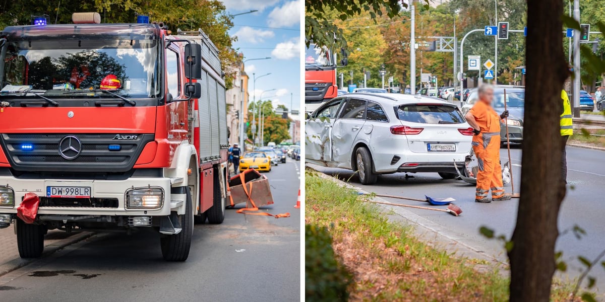 dwa zdjęcia z miejsca zdarzenia: wóz strażacki oraz rozbity samochód i pracownik służb oczyszczania miasta z miotłą