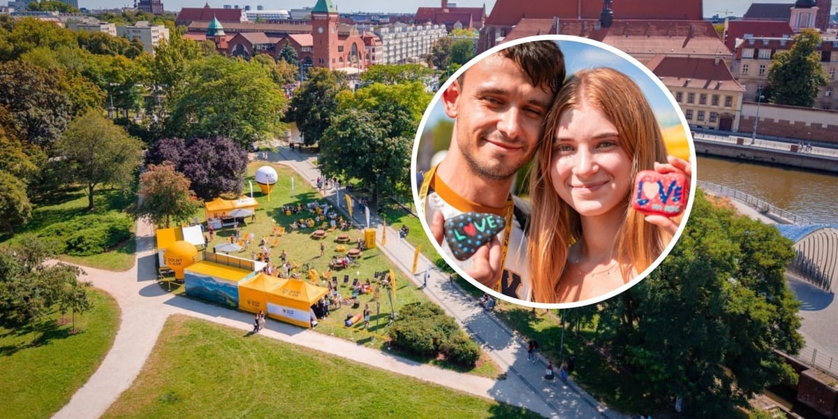 „Lato na Dolnym Śląsku” na Wyspie Piasek - widok z drona, w kółeczku para pokazuje kolorowe kamienie z napisem „Love”