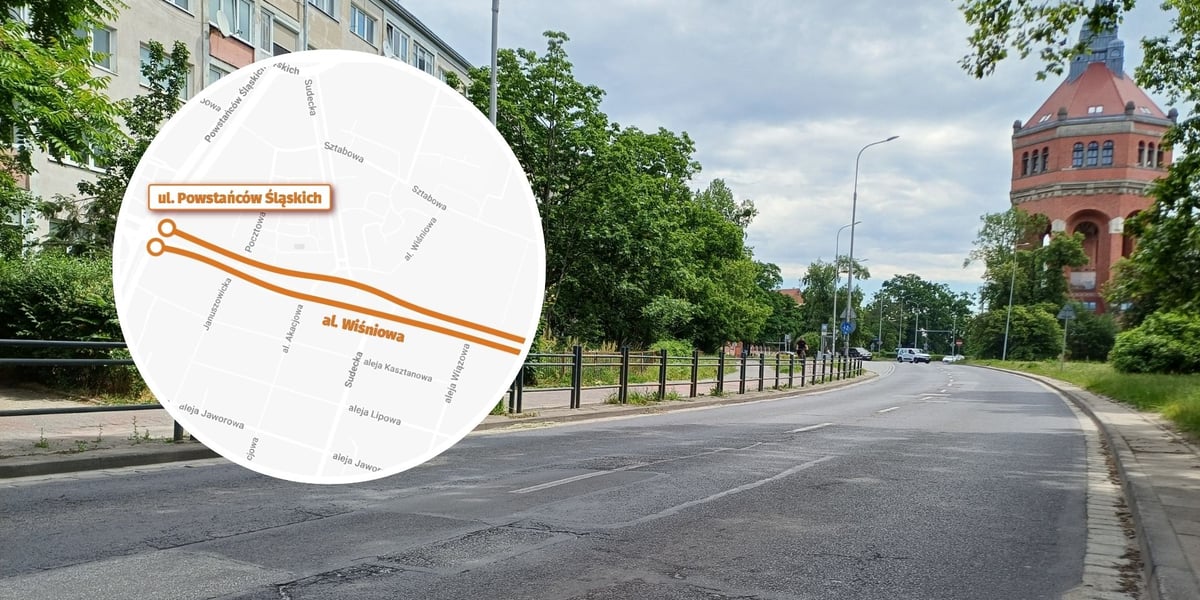 Aleja Wiśniowa - widok na jezdnię od strony Al. Hallera, w oddali widoczna Wieża Ciśnień; w kółku: mapka z zaznaczonym obszarem prac