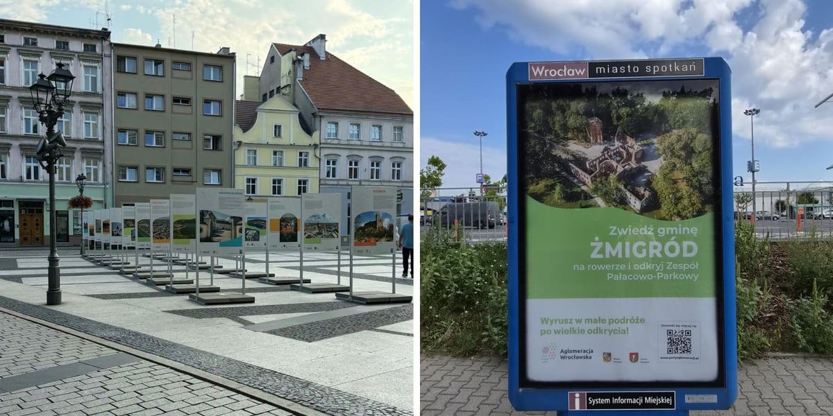 Zdjęcie podzielone na pół: z lewej - wystawa  „Odkryj Perły Aglomeracji Wrocławskiej” na rynku w Oleśnicy;  z prawej - plakat promujący Perły Aglomeracji Wrocławskiej na nośniku Systemu Informacji Miejskiej.