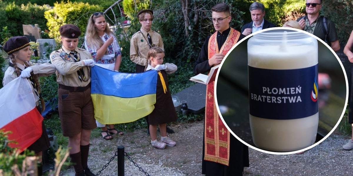 Uroczystość zapalenia „Płomienia Braterstwa” na grobie Antoniego Jarmaka na Cmentarzu Osobowickim, na zdjęciu małym w kółku znicz z napisem „Płomień Braterstwa”
